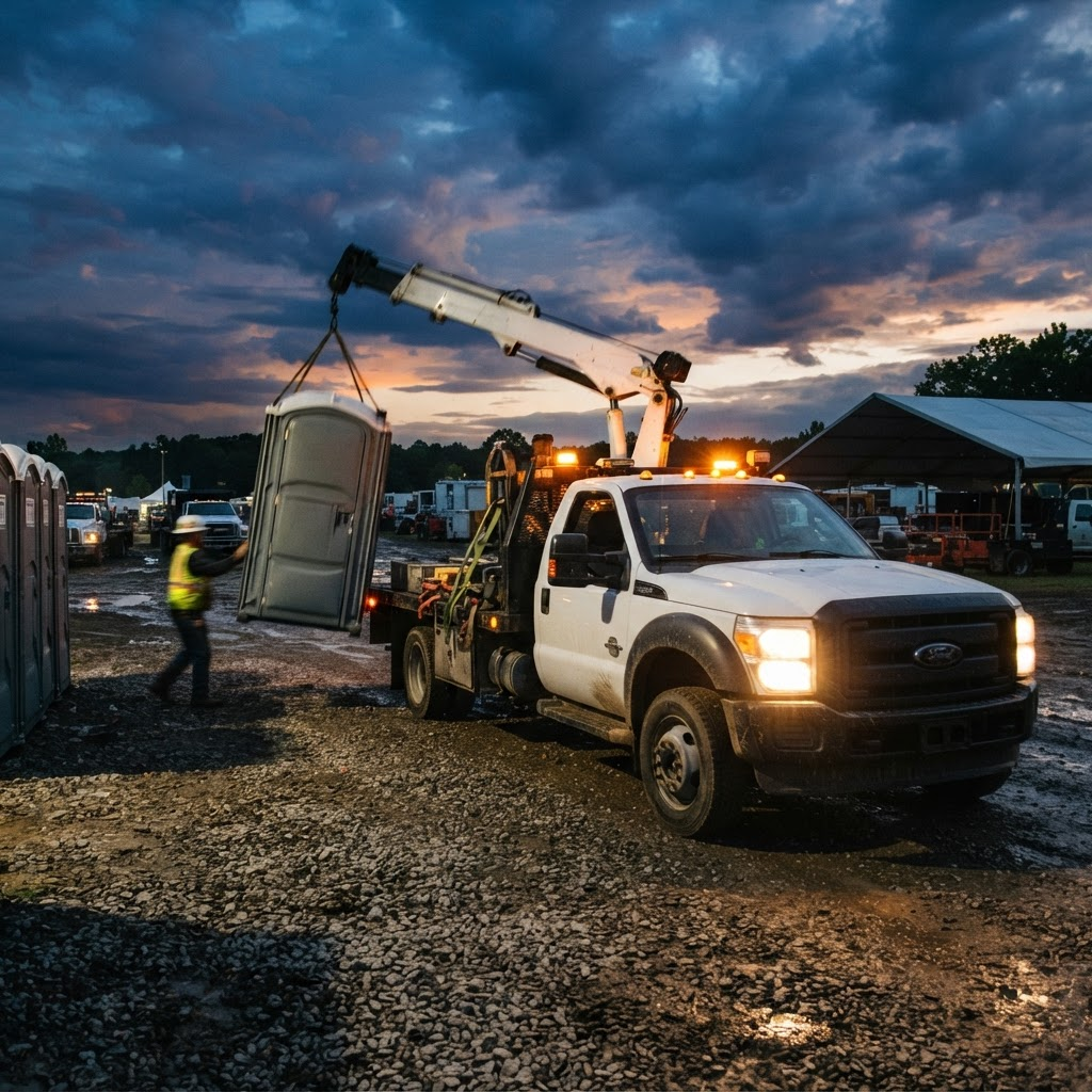 An emergency service truck delivering a portable toilet at dusk