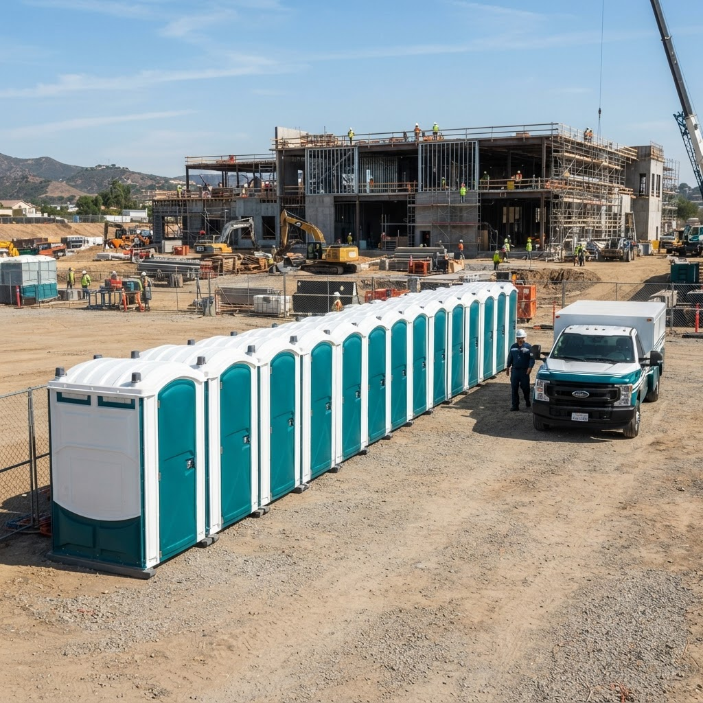 A clean row of white and teal portable restroom units at an Alameda construction site